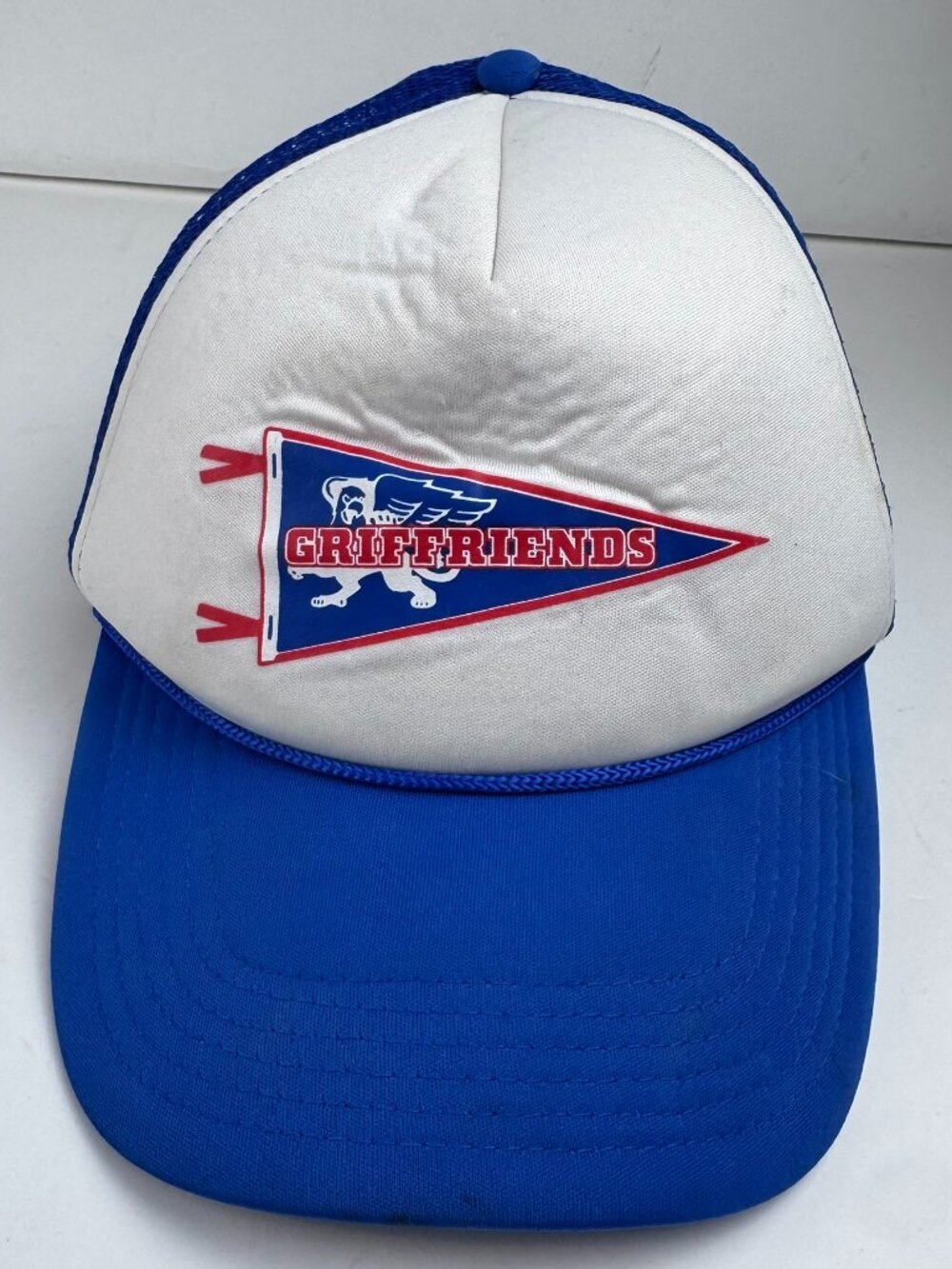 Vintage Griffriends Trucker Snapback Blue White Mesh Cap Pennant Lion Logo stain